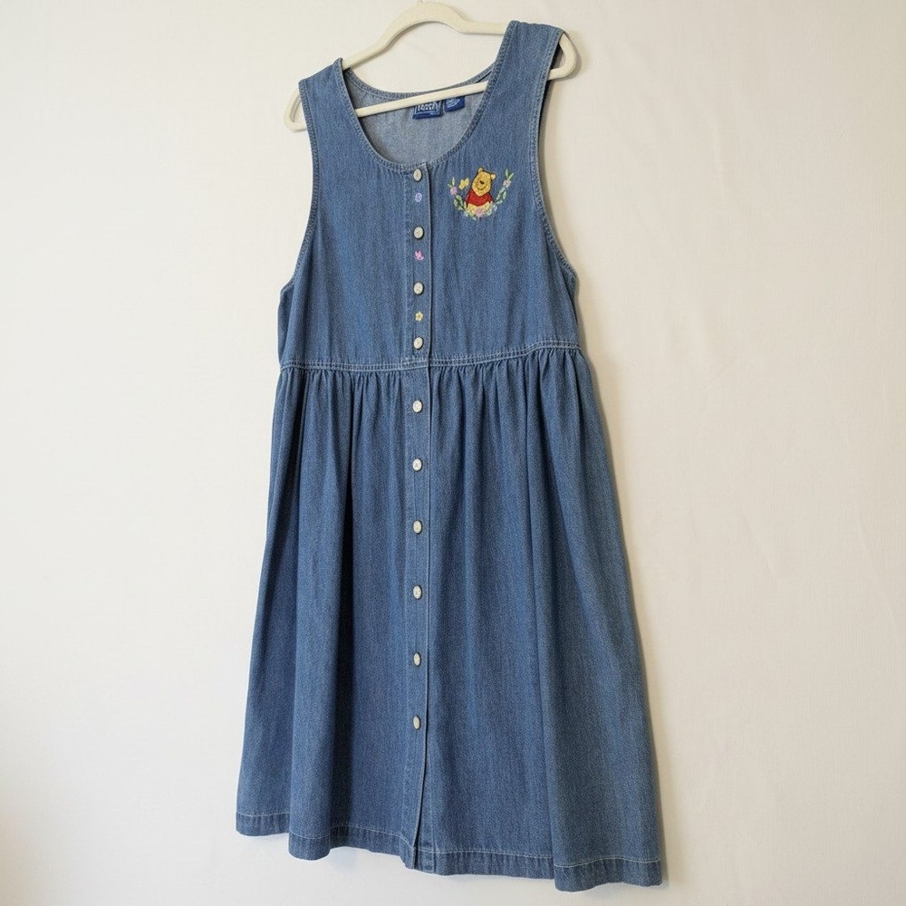 Disney Pooh Vintage 90s Blue Denim Button Front Embroidered Jumper Dress Large - Picture 2 of 9